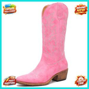 Women's Mid Calf Western Cowboy Boots Floral Embroidery Side Zipper Chunky Heel